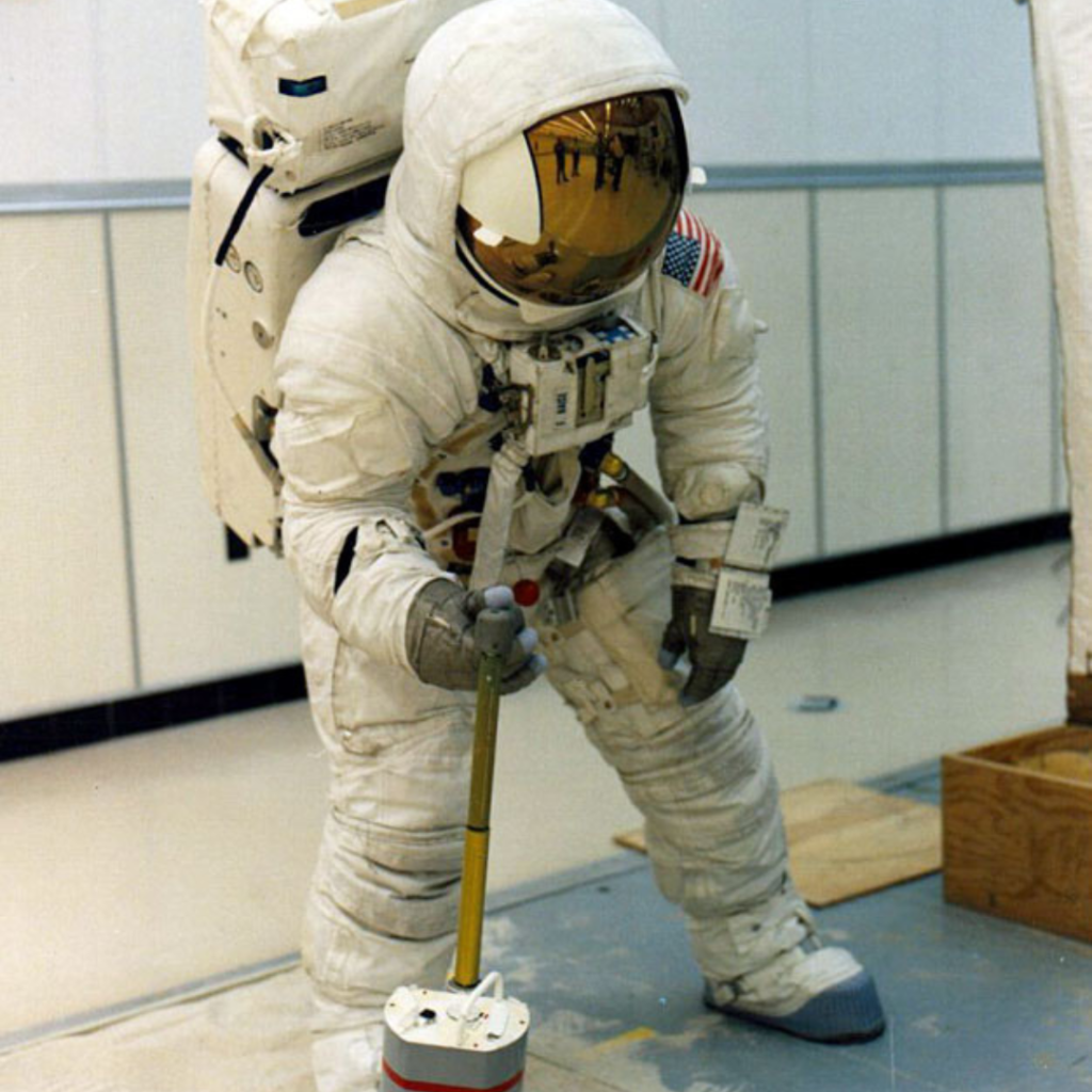 Fred Haise practices use of the Apollo Lunar Surface Close-up Camera, also known as the Gold Camera. 28 January 1970. Scan by J.L. Pickering.