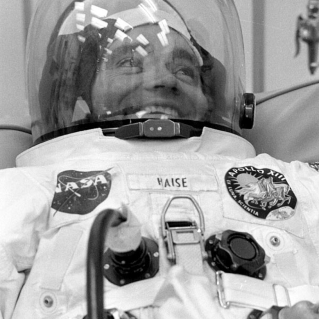 Fred Haise during suit-up. Scan by Ed Hengeveld.